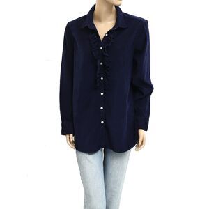 Kerri Rosenthal Ruffle Long Sleeve Tunic Shirt Top Buttondown Navy L NEW 282612